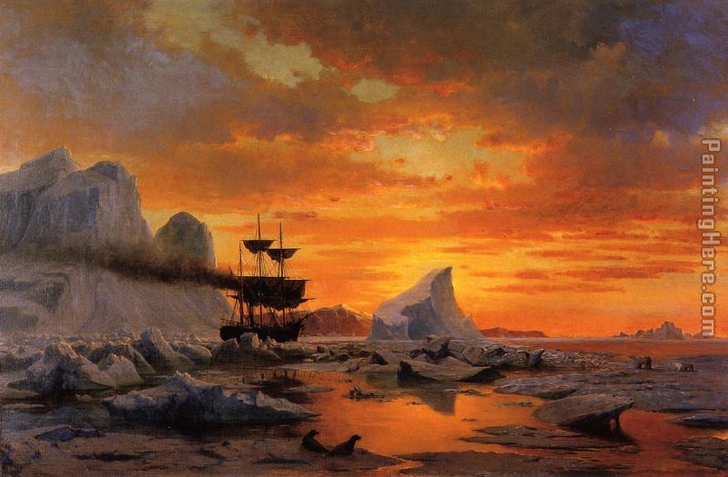 Ice Dwellers Watching the Invaders sunset painting - William Bradford Ice Dwellers Watching the Invaders sunset art painting